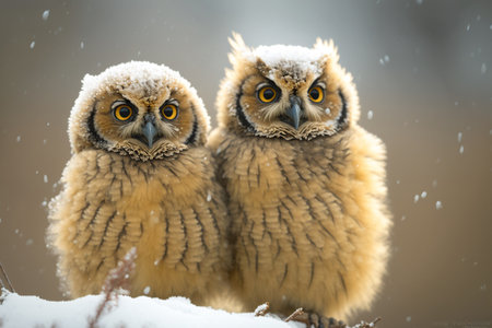 two owls covered with snow sit on a branch and look at the cameraの素材