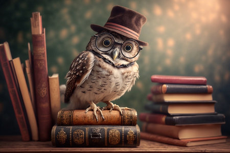 Cunning owl in a hat and glasses sits on books professor teacherの素材