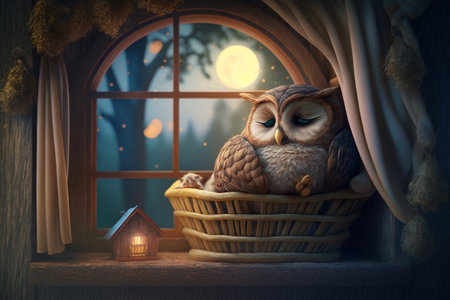 Little tired owl lies bed in tree house and sleeps evening night moonの素材