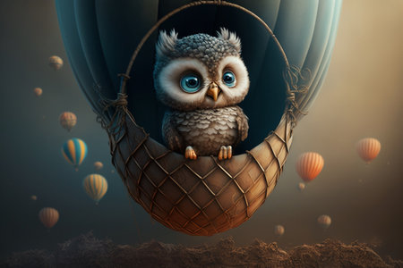 young fluffy owl sits in a basket of a hot air balloonの素材