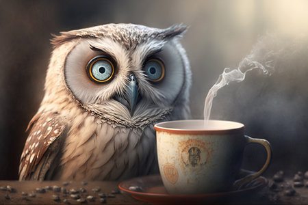 owl with big eyes drinks coffee in the morningの素材