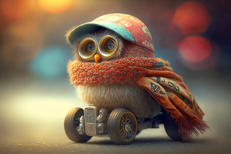 little funny baby owl with scarf is racing in a toy carの素材