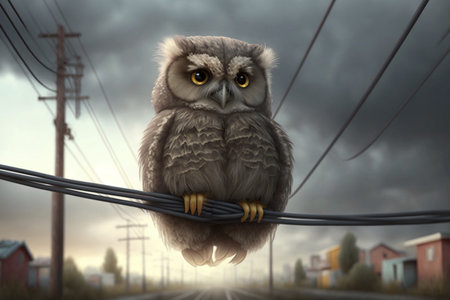 fluffy fat owl sits on a power line in a cityの素材