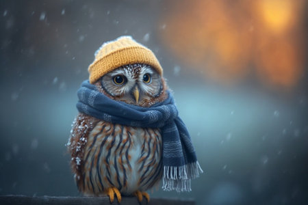 cute realistic owl with scarf and hat in cold winter illustrationの素材