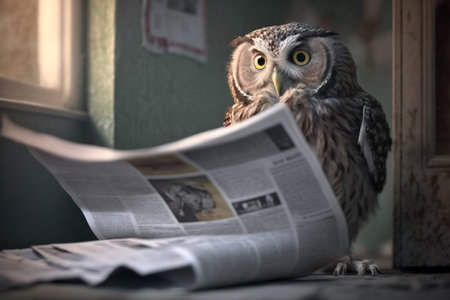 Wise owl catches up on current events by reading the newspaperの素材