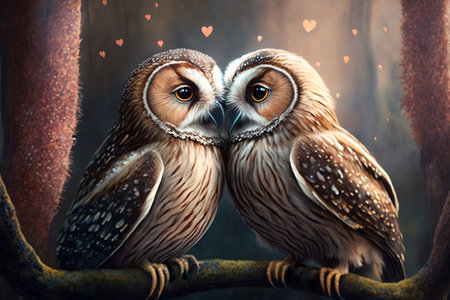 couple of owls in love kiss with their beaksの素材