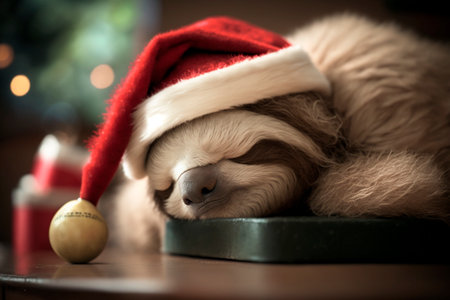 tired and exhausted sloth sleeps with santa hat between gifts at christmas cuteの素材