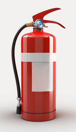 Essential safety equipment for emergencies: A fire extinguisher isolated on a white backgroundの素材