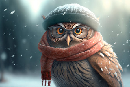 cute realistic owl with scarf and hat in cold winter illustrationの素材