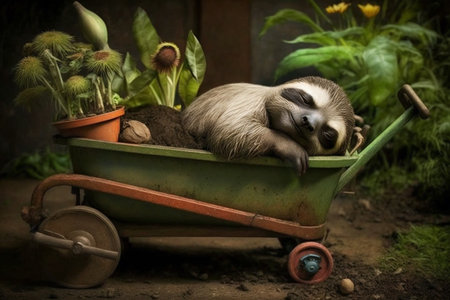 Exhausted and tired sloth fell asleep in a wheelbarrow while gardening and dreamsの素材
