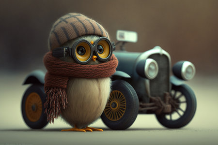 little funny baby owl with scarf is racing in a toy carの素材