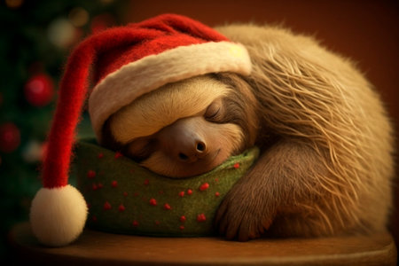 tired and exhausted sloth sleeps with santa hat between gifts at christmas cuteの素材