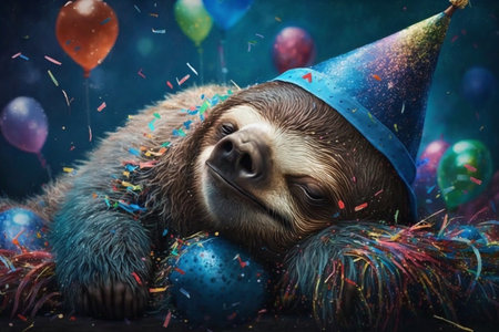 Exhausted tired sloth fell asleep at a party with party hat and confetti carnival new yearの素材