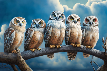 5 funny owls are sitting on a branch Owl familyの素材