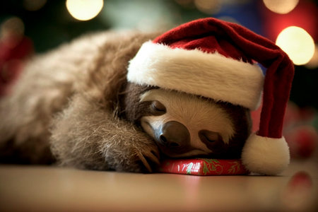 tired and exhausted sloth sleeps with santa hat between gifts at christmas cuteの素材