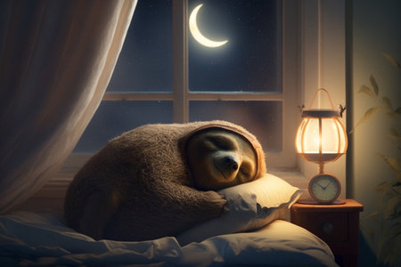 happy and tired sloth sleeps in a bed with pillow window and moon in the eveningの素材