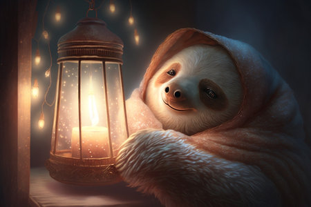 happy and tired sloth peacefully sleeps evening next to a lantern and dreamsの素材