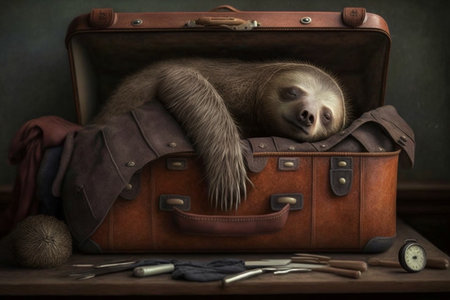 happy and tired sloth sleeps peacefully in a travel case leather suitcase and travels to a dream worldの素材