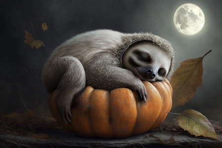 Exhausted tired sloth has fallen asleep on a Halloween pumpkin and dreamsの素材