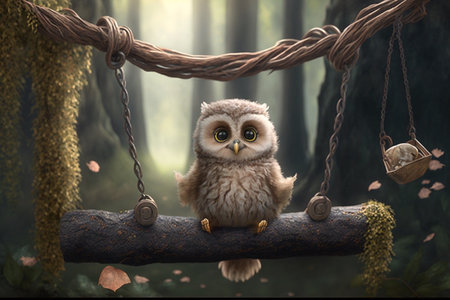 cute little baby owl chick is sitting on a wooden swing in the forestの素材