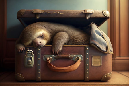 happy and tired sloth sleeps peacefully in a travel case leather suitcase and travels to a dream worldの素材