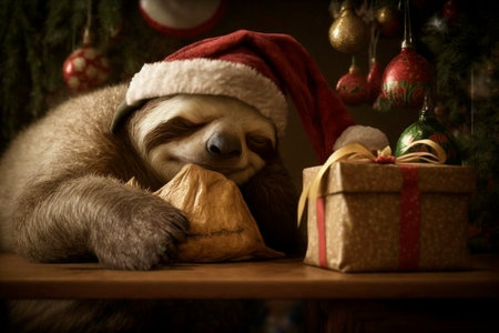 tired and exhausted sloth sleeps with santa hat between gifts at christmas cuteの素材