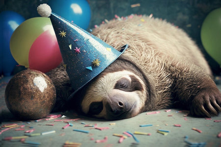 Exhausted tired sloth fell asleep at a party with party hat and confetti carnival new yearの素材