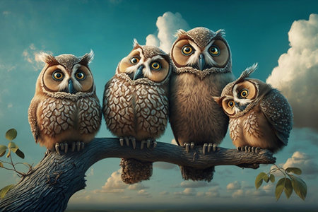 5 funny owls are sitting on a branch Owl familyの素材