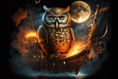 Illustration of an owl on a pirate ship in the sea on a great adventureの素材