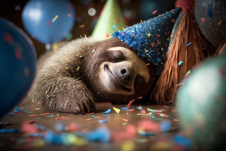 Exhausted tired sloth fell asleep at a party with party hat and confetti carnival new yearの素材