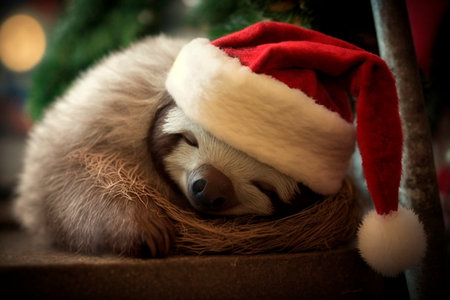 tired and exhausted sloth sleeps with santa hat between gifts at christmas cuteの素材