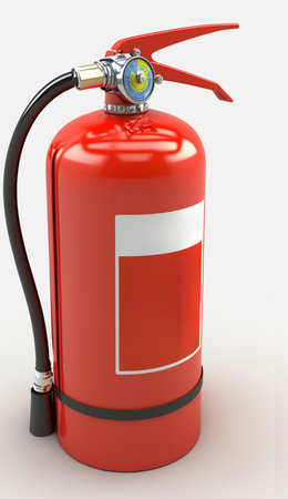 Essential safety equipment for emergencies: A fire extinguisher isolated on a white backgroundの素材