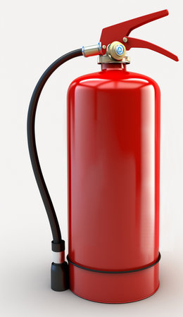 Essential safety equipment for emergencies: A fire extinguisher isolated on a white backgroundの素材