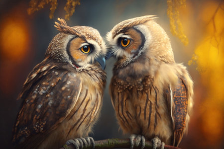 couple of owls in love kiss with their beaksの素材