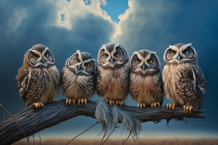 5 funny owls are sitting on a branch Owl familyの素材