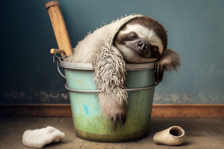 Exhausted sloth works as a cleaner and fell asleep in the cleaning bucket with washcloth and mopの素材