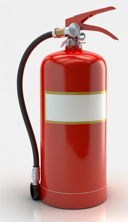Essential safety equipment for emergencies: A fire extinguisher isolated on a white backgroundの素材