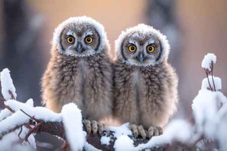 two owls covered with snow sit on a branch and look at the cameraの素材