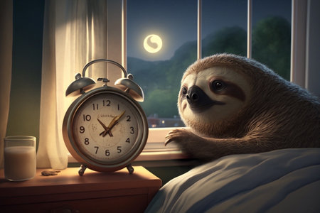 Tired and exhausted sloth lies in cozy bed in the evening with alarm clockの素材