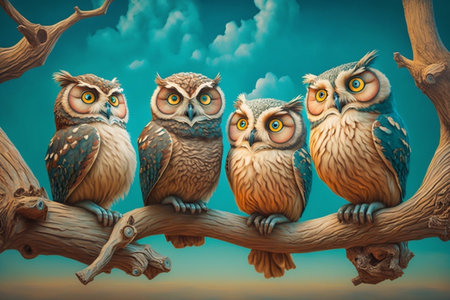 5 funny owls are sitting on a branch Owl familyの素材