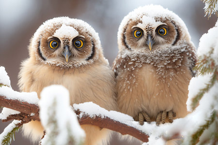 two owls covered with snow sit on a branch and look at the cameraの素材