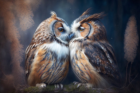 couple of owls in love kiss with their beaksの素材