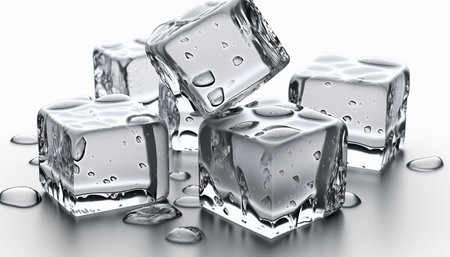 A close-up view of crystal clear ice cubes on a white background, perfect for use in advertisements, blogs, or social media posts related to cocktails, beverages, or summer refreshments.の素材