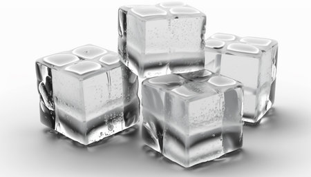 A close-up view of crystal clear ice cubes on a white background, perfect for use in advertisements, blogs, or social media posts related to cocktails, beverages, or summer refreshments.の素材