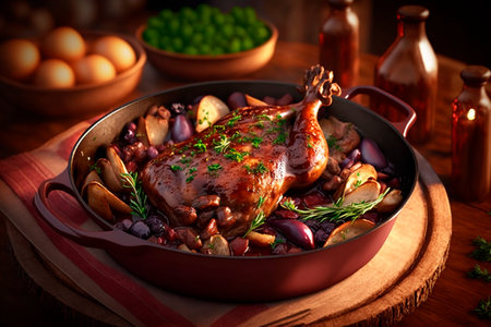 Coq au Vin is a rich and savory French dish made with chicken or rooster braised in red wine, bacon, mushrooms, and onions, seasoned with garlic, thyme, and bay leaves.の素材