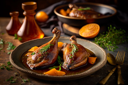 Indulge in the Rich and Tender Delights of Confit de Canard, Slow-Cooked in Its Own Fat with Herbs and Spicesの素材