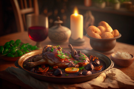Coq au Vin is a rich and savory French dish made with chicken or rooster braised in red wine, bacon, mushrooms, and onions, seasoned with garlic, thyme, and bay leaves.の素材