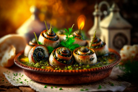 Escargot is a French delicacy made from edible land snails. It is typically served as an appetizer or side dish, and is often served with a garlic-based butter or cream sauce.の素材