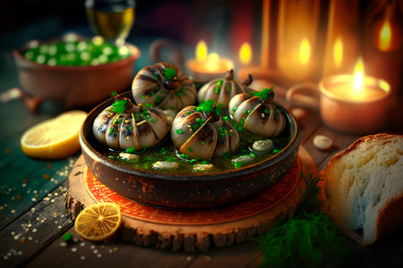 Escargot is a French delicacy made from edible land snails. It is typically served as an appetizer or side dish, and is often served with a garlic-based butter or cream sauce.の素材