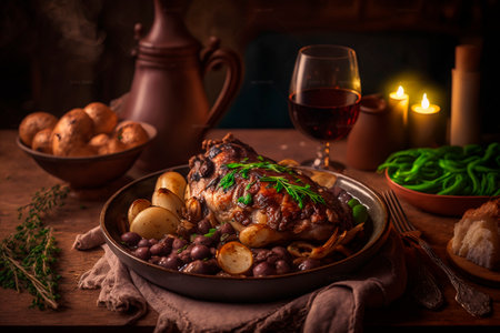 Coq au Vin is a rich and savory French dish made with chicken or rooster braised in red wine, bacon, mushrooms, and onions, seasoned with garlic, thyme, and bay leaves.の素材